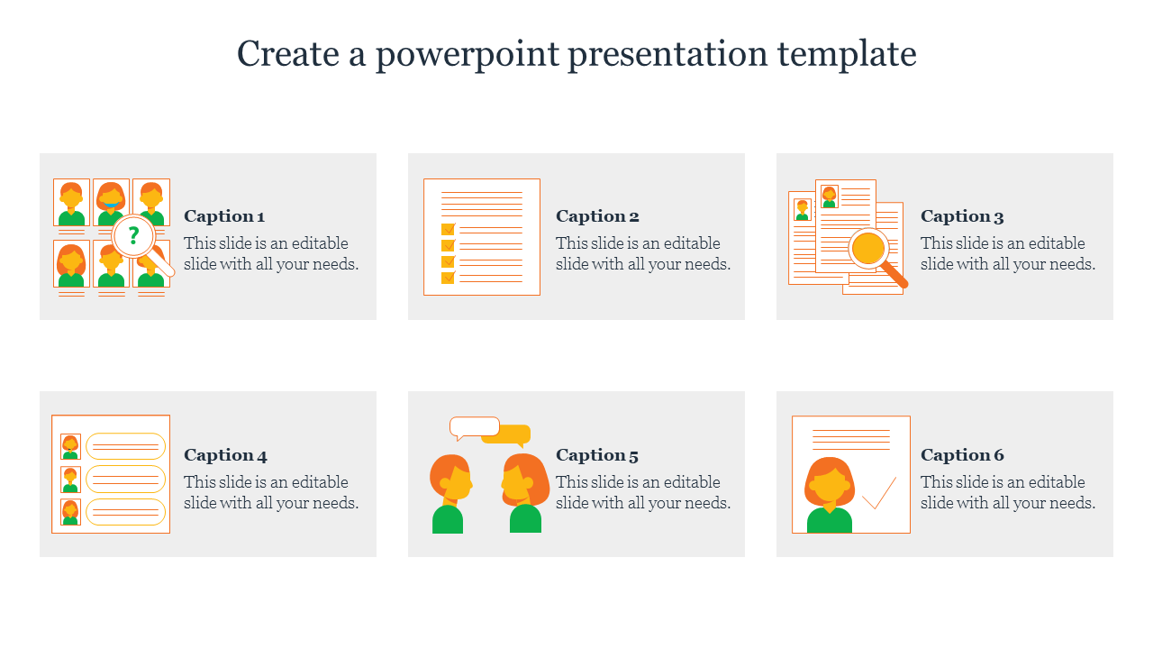 Six rectangular sections with icons in orange and green, each containing a caption and text, arranged in two rows.