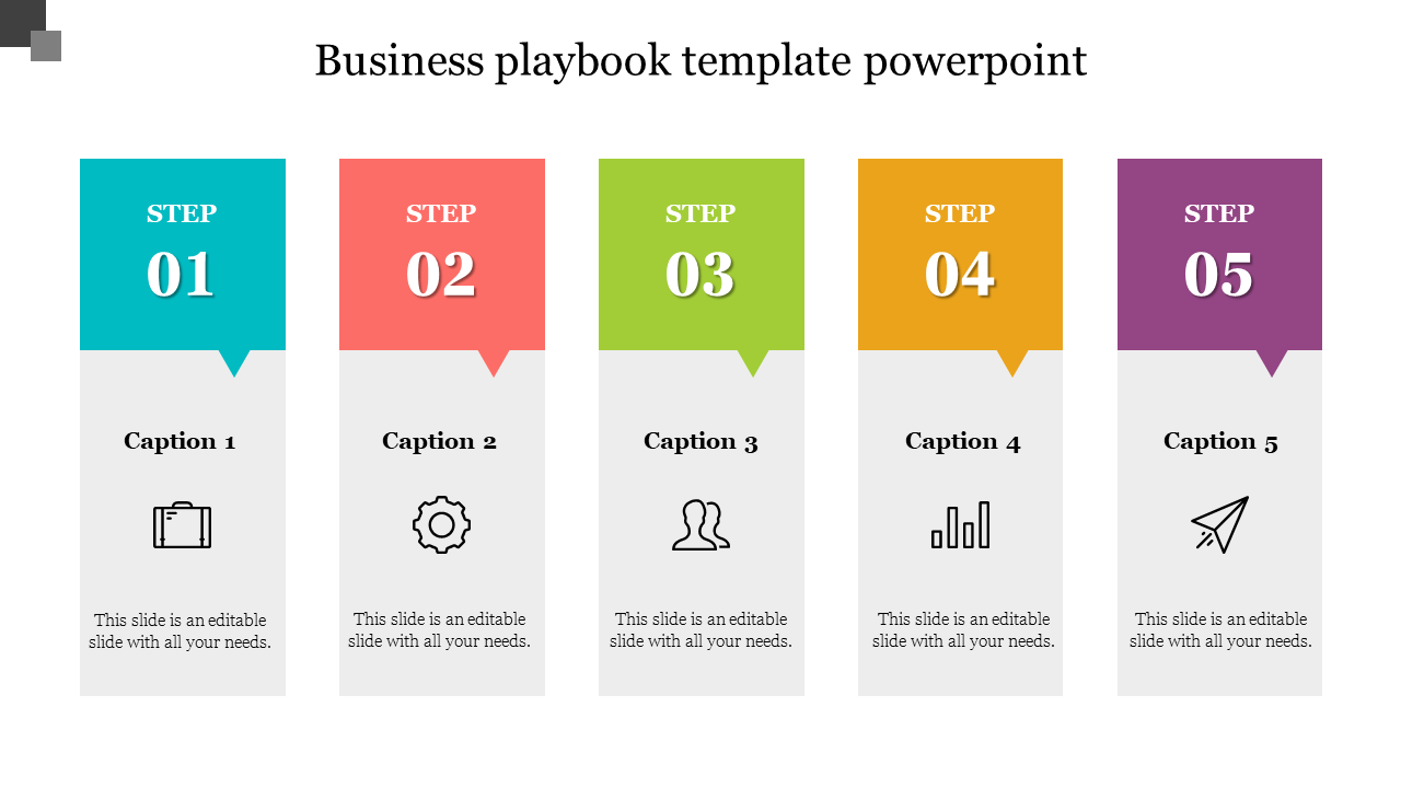 Business playbook slide with five colorful steps labeled 01 to 05, each with an icon and text captions.