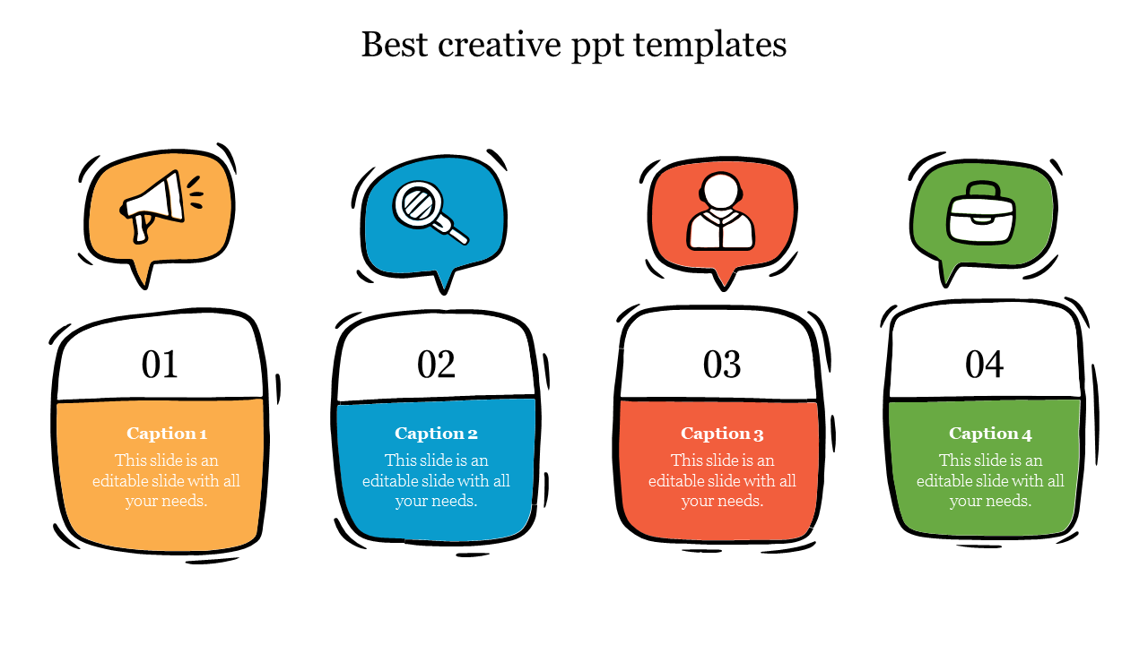 Creative template featuring four distinct segments with icons and captions in orange, blue, red, and green.