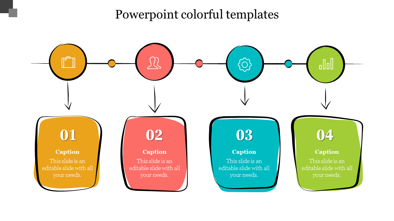 Colorful timeline diagram with four steps, featuring icons for briefcase, user, gear, and chart above labeled segments.