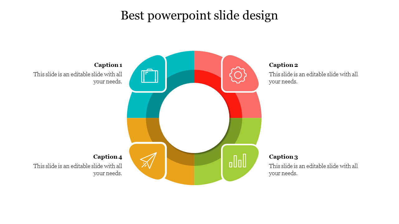 Best circular infographic PowerPoint slide with four colorful segments and captions on a white backdrop.