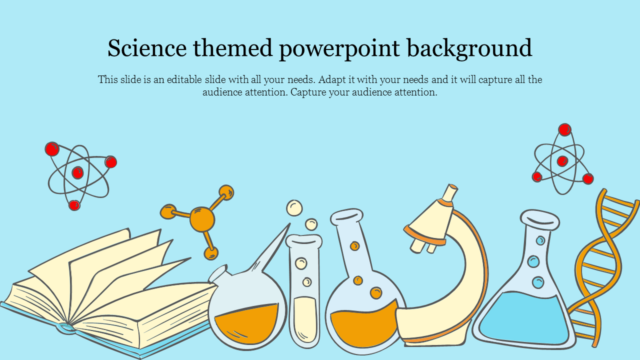 Science-themed background for PowerPoint with illustrations of scientific tools and molecules on a light blue background.