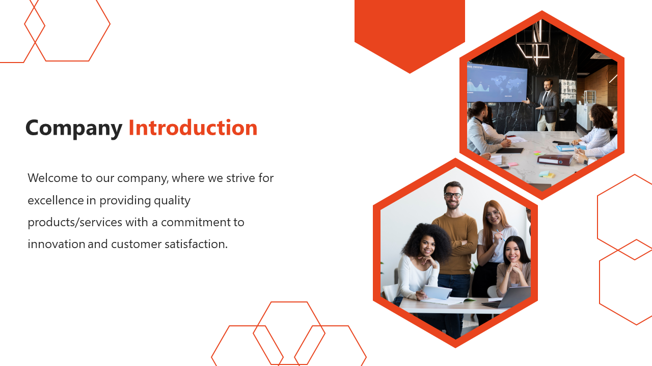 Company introduction slide with text and two hexagonal images of team meetings and coworkers, in orange and white theme.