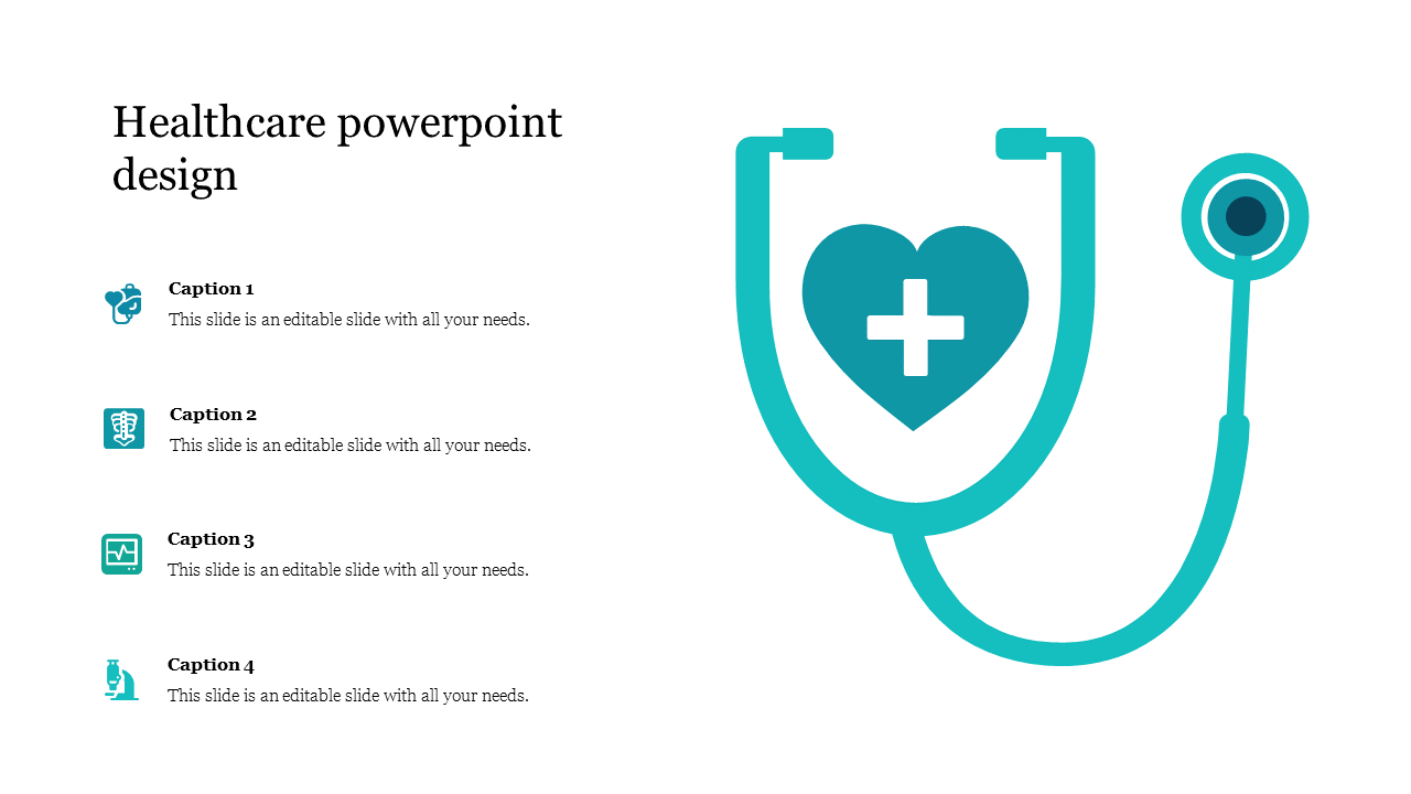 Teal stethoscope with a heart and cross, and four text areas with icons aligned vertically on the left.