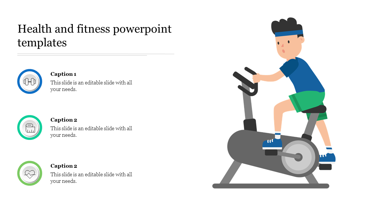 Health and fitness slide featuring a person exercising on a stationary bike with three color coded icons and text captions.