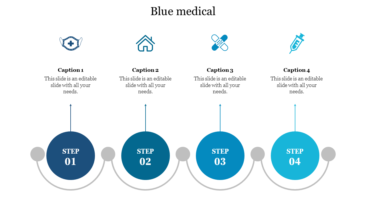 A medical themed slide featuring four steps, each represented by icons and a blue color scheme.