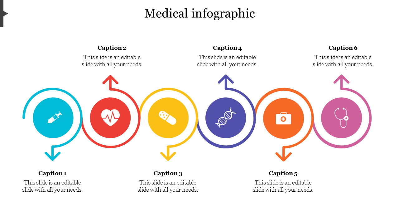 Horizontal infographic with six circular icons in blue, red, yellow, purple, orange, and pink, connected by curved arrows.