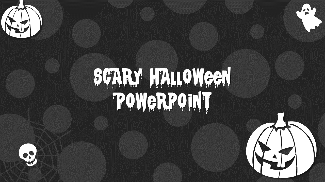 Halloween themed PowerPoint slide with a dark background, spooky text, pumpkins, and ghost illustrations.