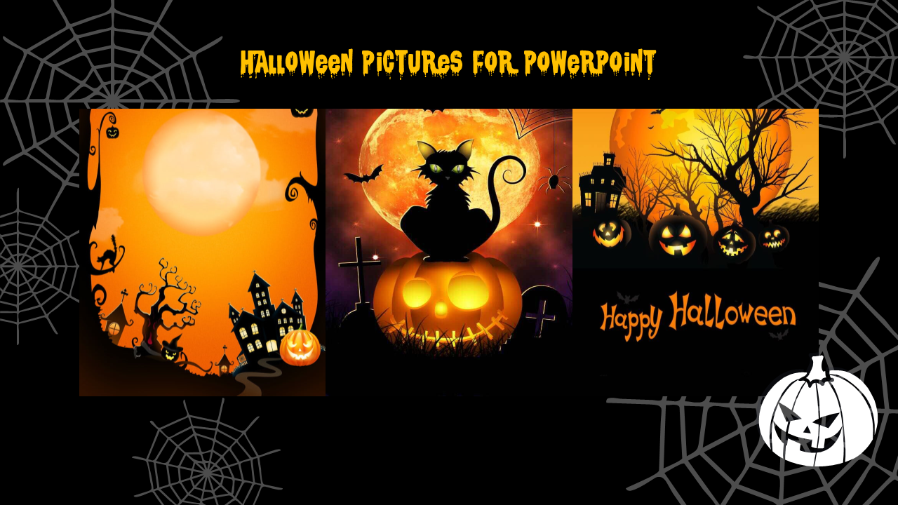 Halloween PowerPoint images featuring pumpkins, a black cat, haunted houses, and a spooky moonlit background.