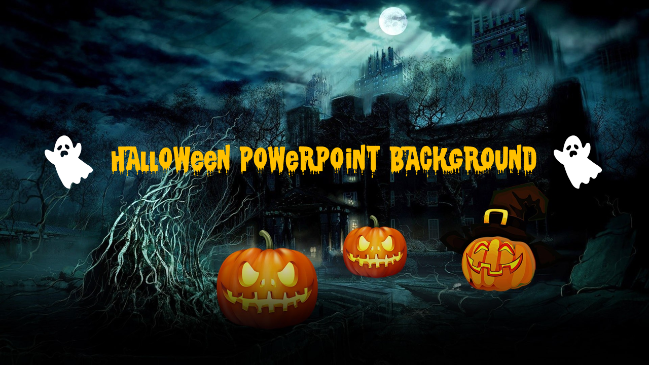 Spooky Halloween PowerPoint background with glowing pumpkins, ghosts, and a dark haunted house.