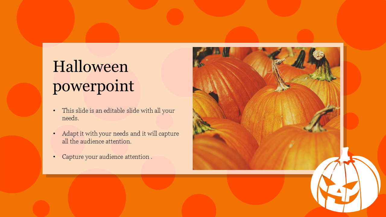 Halloween themed PowerPoint slide with a pumpkin patch and an orange polka dot background with placeholder text.