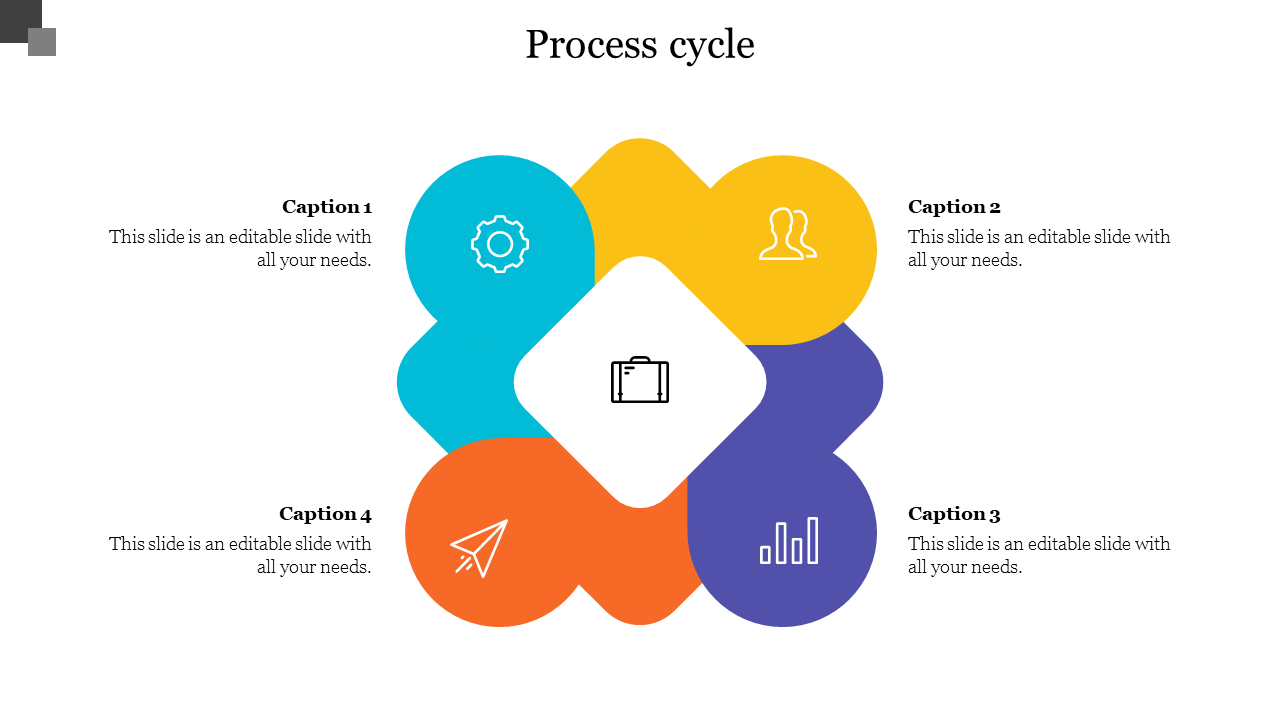 Colorful process cycle infographic PPT slide with a central business icon surrounded by four labeled sections.