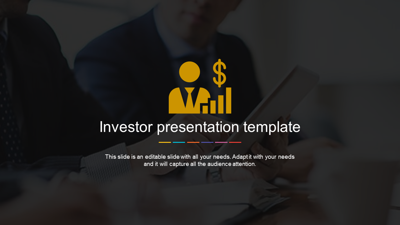 Slide featuring a yellow icon with business symbols over a blurred dark background, designed for investor presentations.