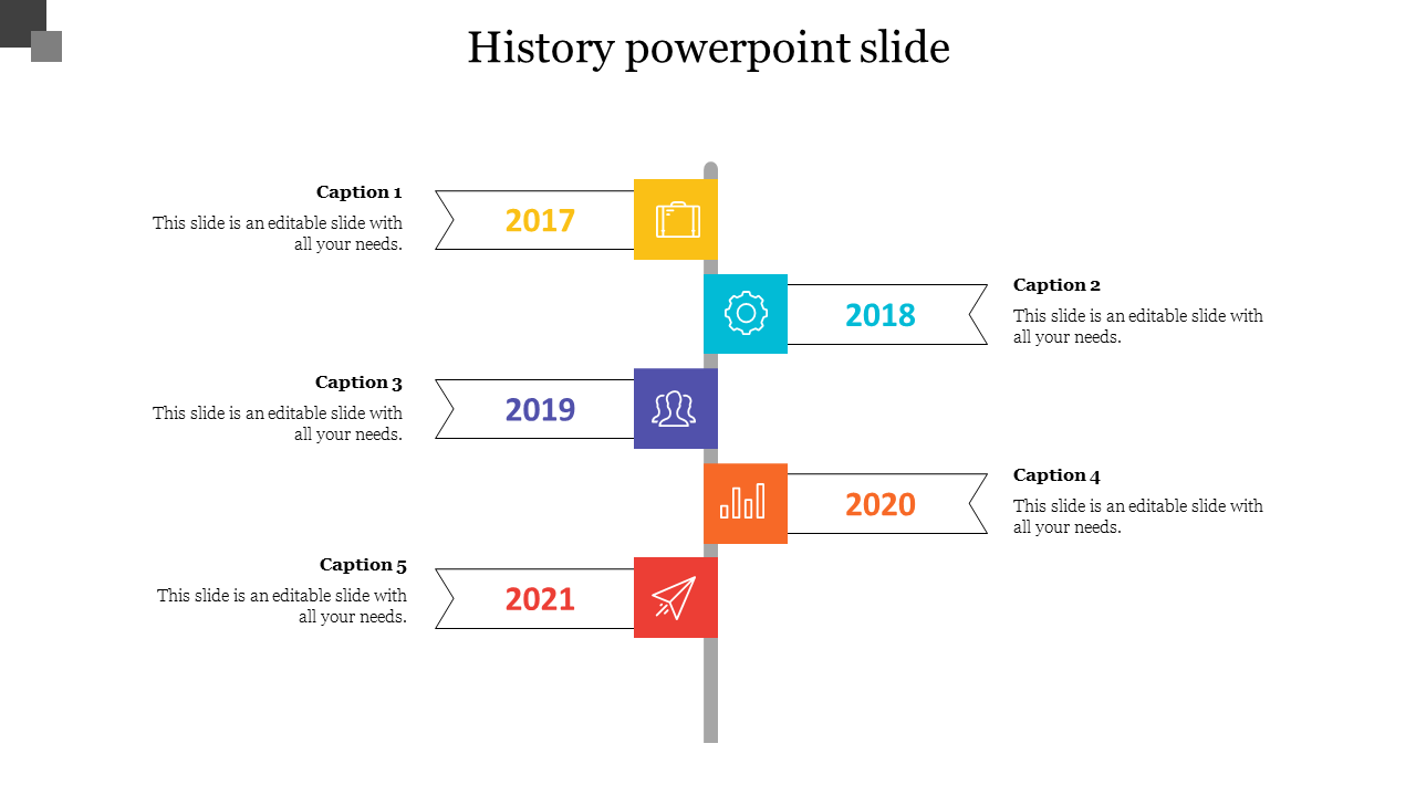 History PowerPoint slide showing a vertical timeline from 2017 to 2021 with colored icons and captions for each year.