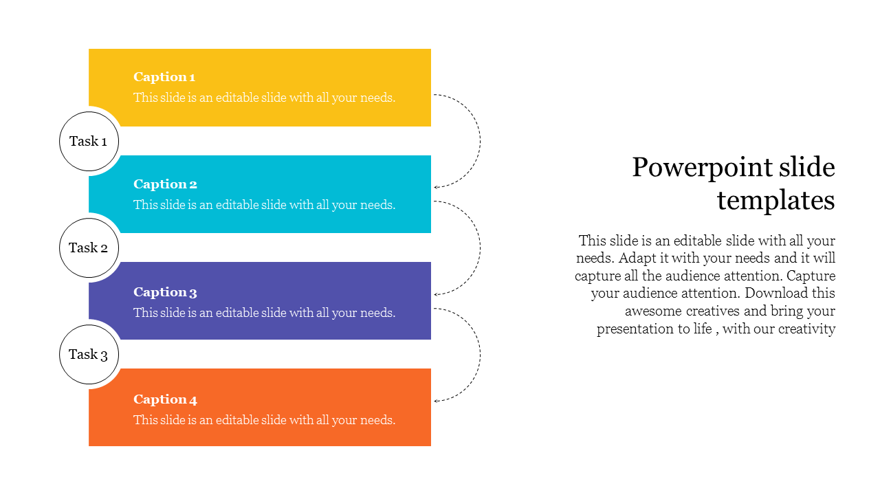 PowerPoint slide with colorful task boxes, each labeled with captions, for organizing content in your presentation.