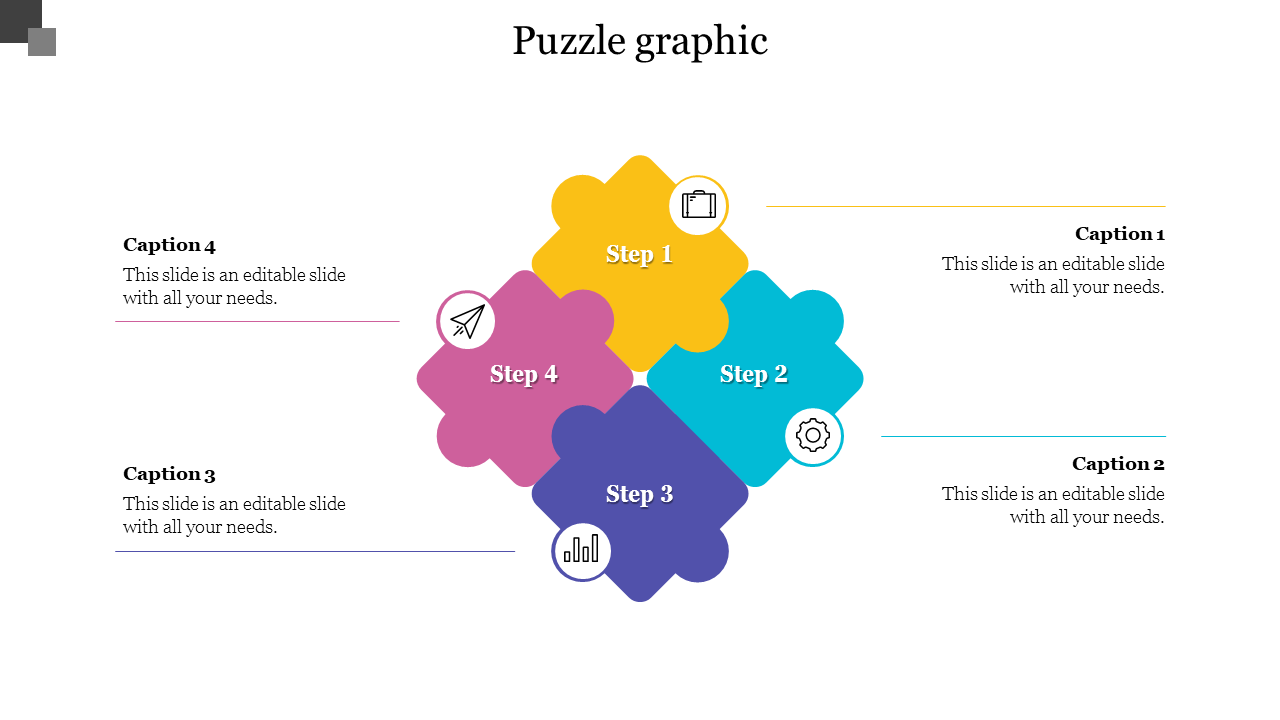 Colorful four piece puzzle infographic slide with labeled steps and corresponding captions on each side with icons.