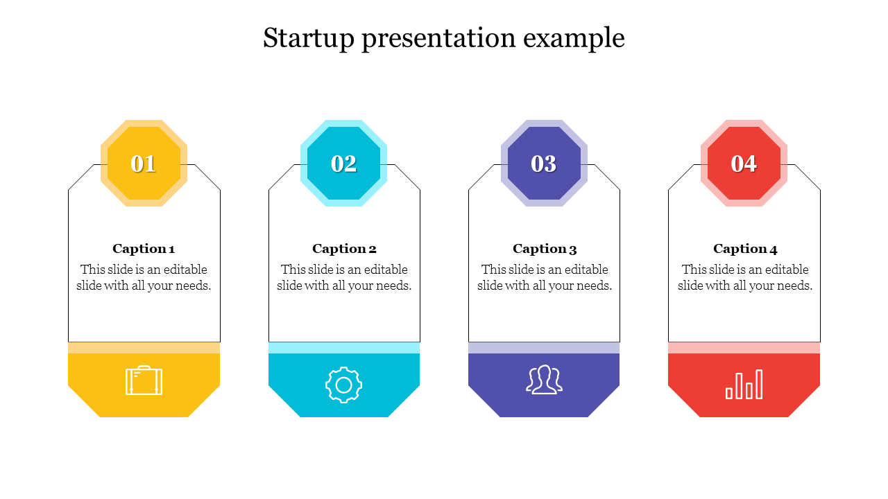 Startup slide with four tag shaped icons in yellow, blue, purple, and red, each with a caption and a numbered label.