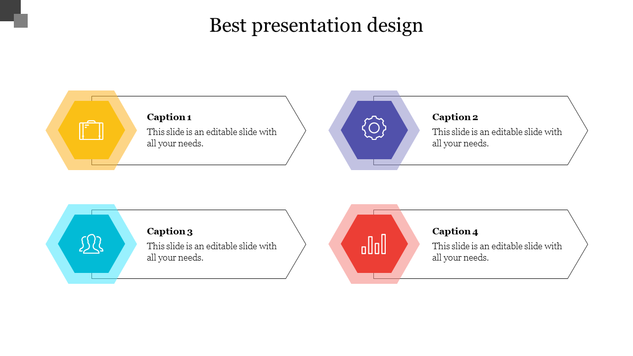 Business PPT presentation slide design with four colorful hexagonal sections, each featuring an icon and description.