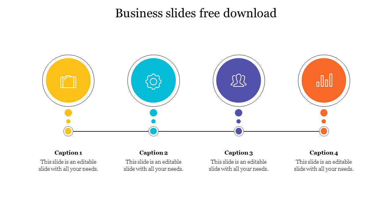 Business slide with four circular icons in yellow, blue, purple, and orange, each with icon and captions.