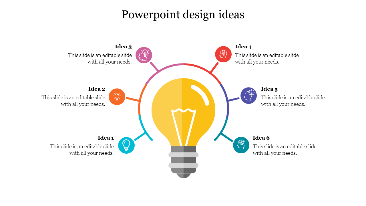 Slide with six design ideas branching from a central lightbulb, each represented by a different colored icon with captions.