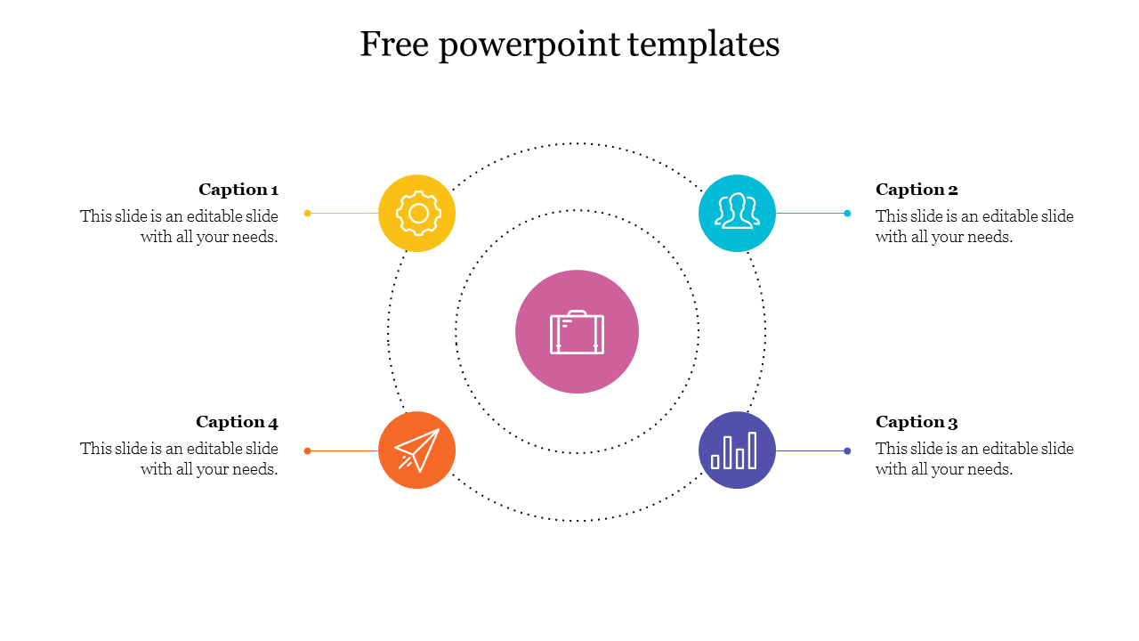 PowerPoint template with four colorful icons arranged around a central briefcase symbol and captions.