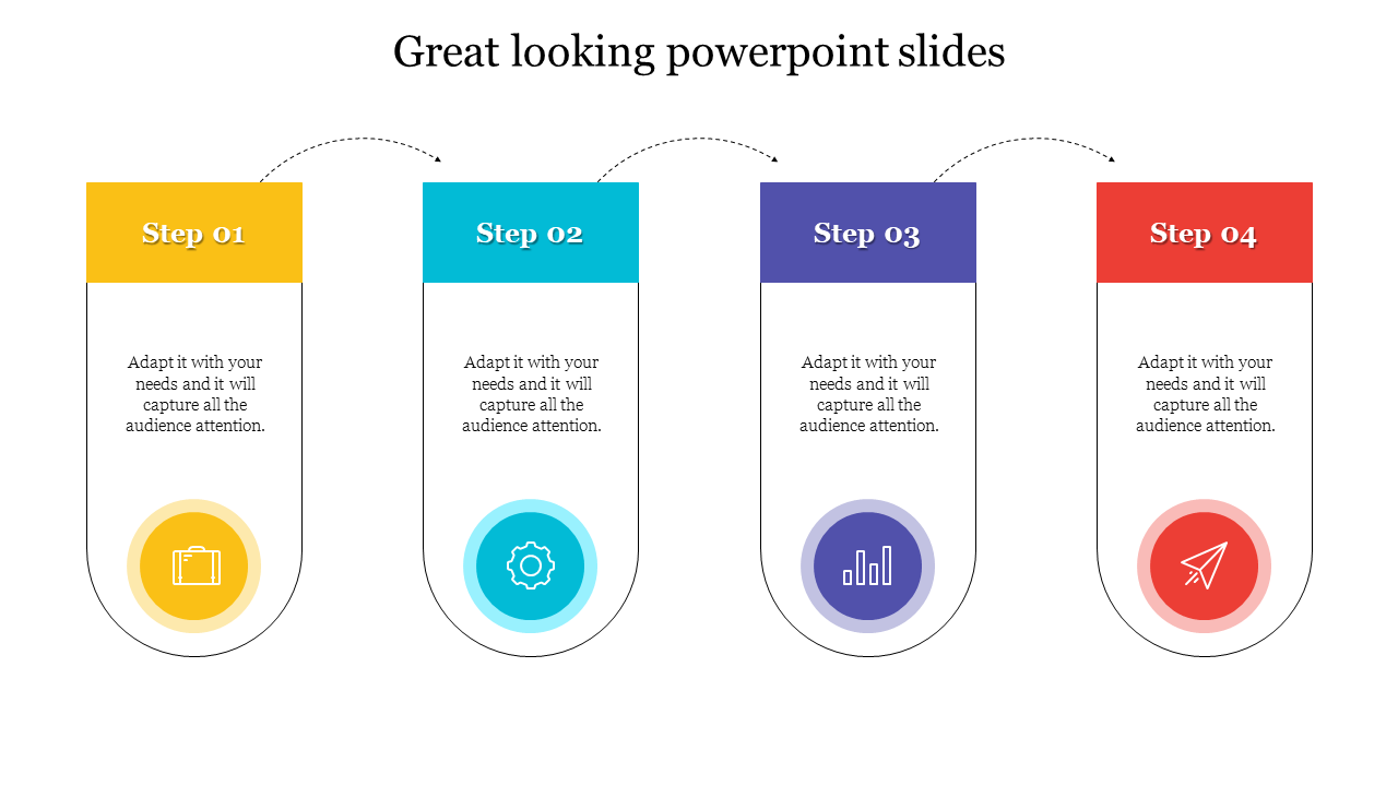 Great PowerPoint slide design with four vertical steps, each featuring a colored icon with placeholder text.