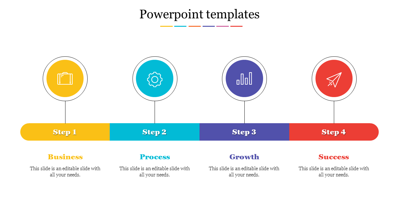 Four-step process diagram with circular icons representing business, process, growth, and success in different colors.