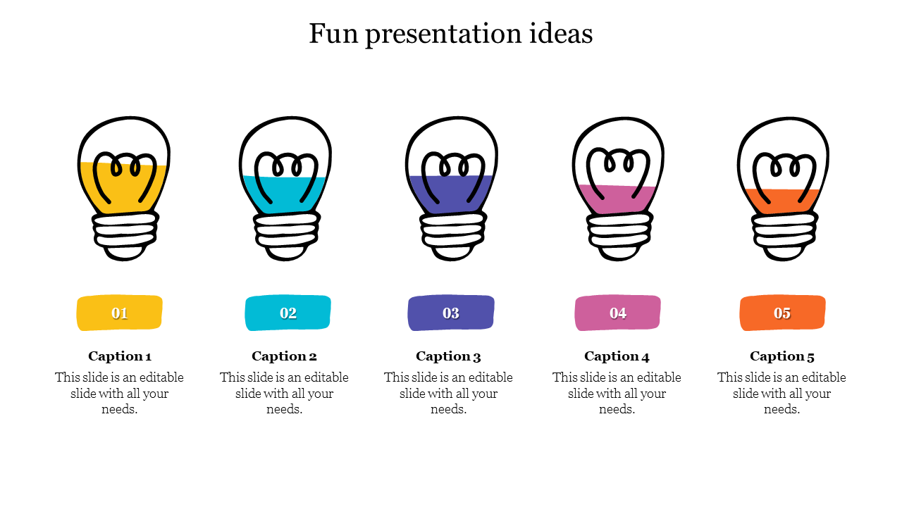 Bright, engaging lightbulb visuals to present five fun ideas with numbered caption areas placed on a white background.