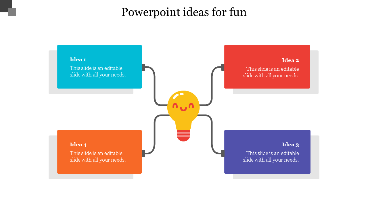 Central smiling lightbulb connected to four colored boxes in teal, red, blue, and orange connected around it by lines.