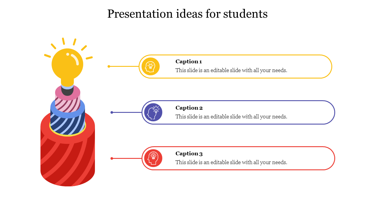 Creative slide with three caption areas for student project ideas and a lightbulb graphic symbolizing innovation.