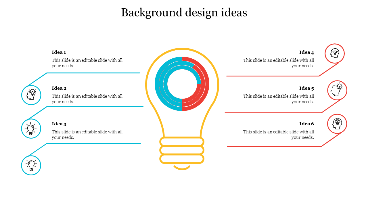 Slide featuring six background design ideas with a central light bulb illustration and text areas.