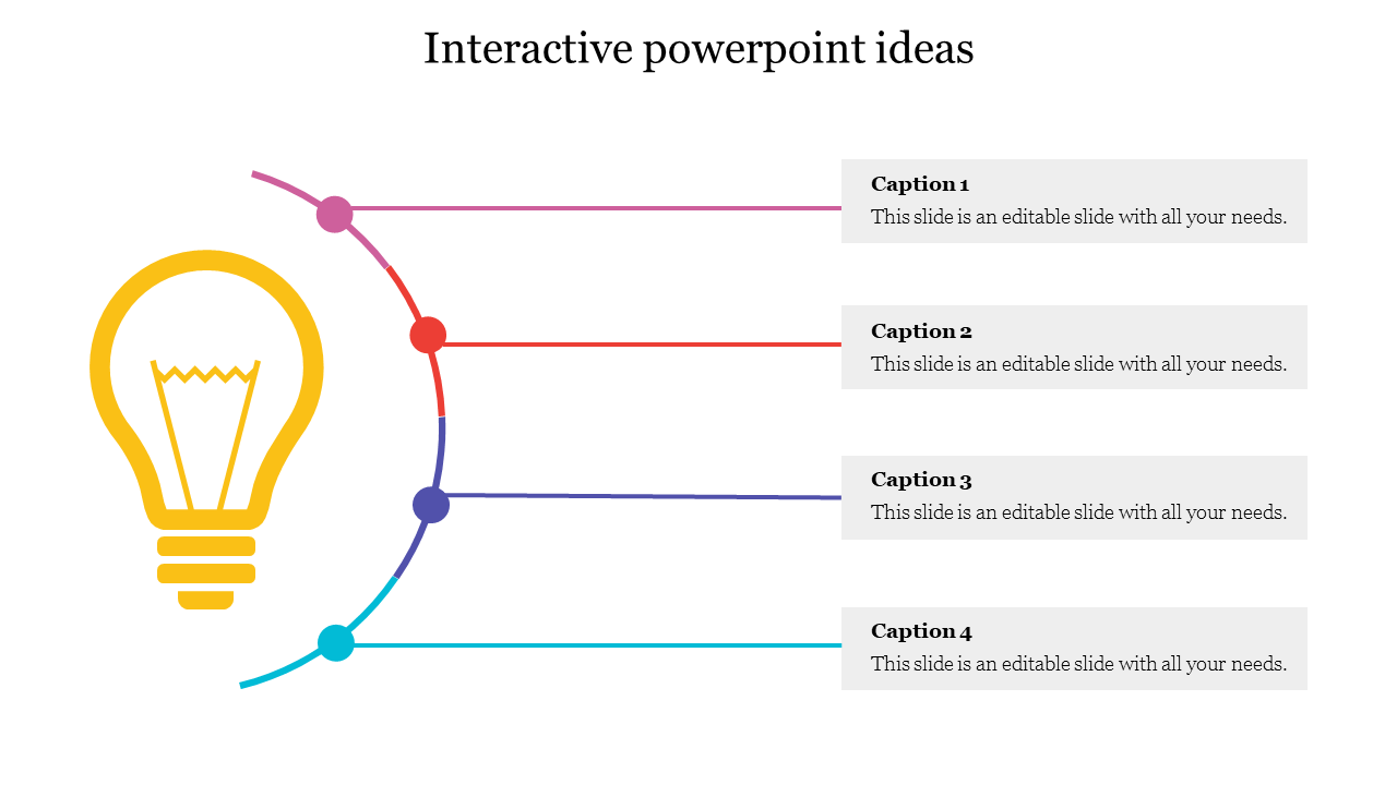 Interactive PowerPoint ideas slide featuring a light bulb icon and four text sections connected by colorful lines.