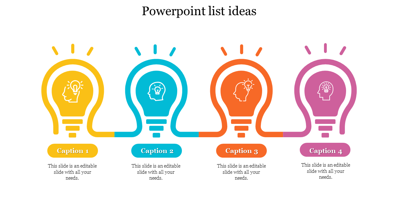 Slide displaying a creative list of ideas, featuring four lightbulbs with captions in yellow, blue, orange, and purple.