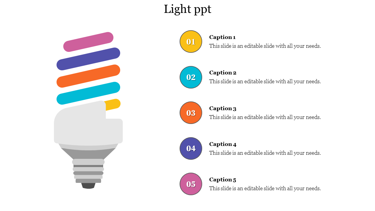 Illustration of a lightbulb with five colorful segmented lines,with numbered caption areas on the right.