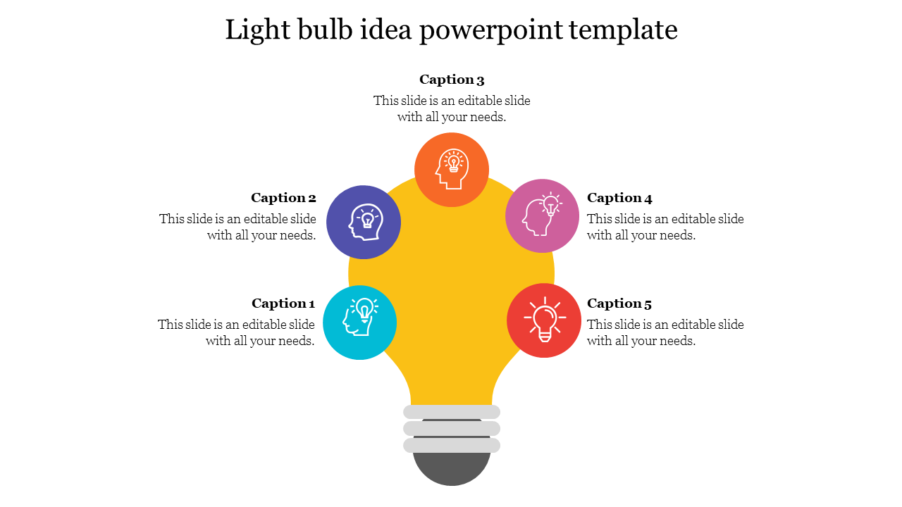 Yellow light bulb illustration in the center, surrounded by five colored circles with icons, each linked to a caption.