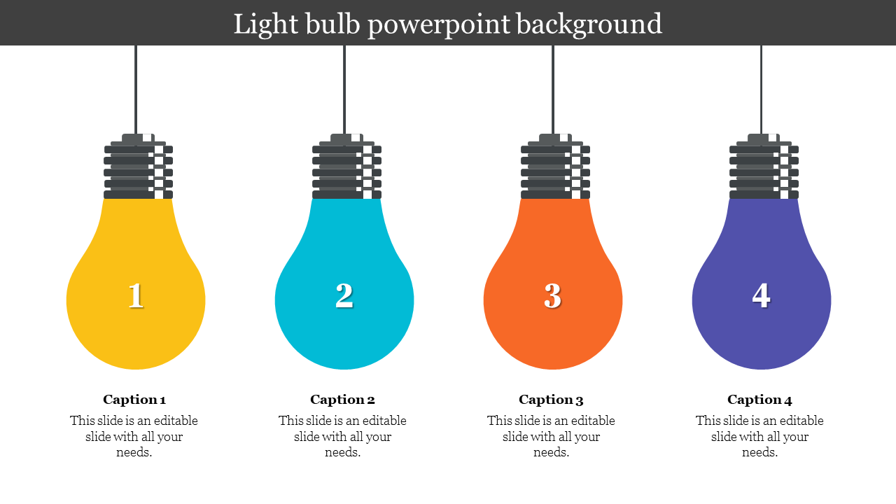 Vibrant light bulb graphic slide featuring four different colored bulbs with space for captions.