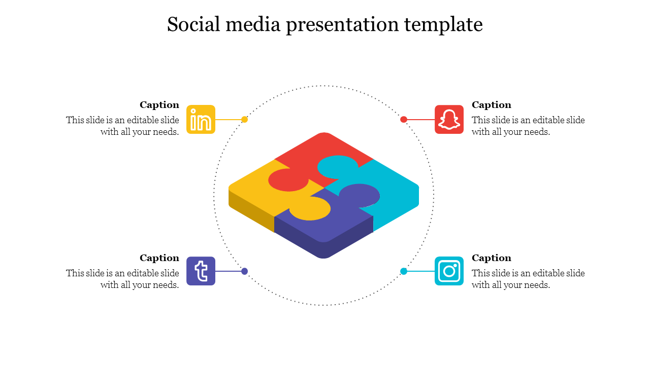 Puzzle pieces in yellow, red, blue, and purple arranged inside a circle, each with a corresponding social media icon.