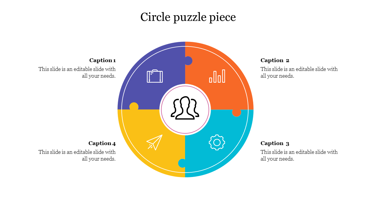 Circular puzzle infographic divided into four colored sections with icons and a central team graphic.