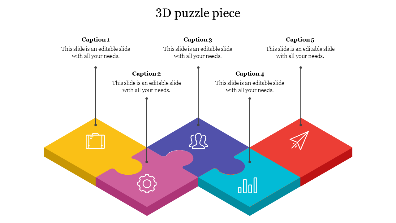 Five connected 3D puzzle pieces in yellow, pink, purple, blue, and red, each with icons and captions above.