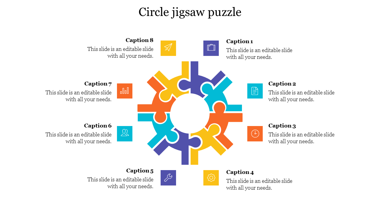 Puzzle-shaped circular diagram with sections in blue, orange, yellow, and purple, each linked to captions with icons.