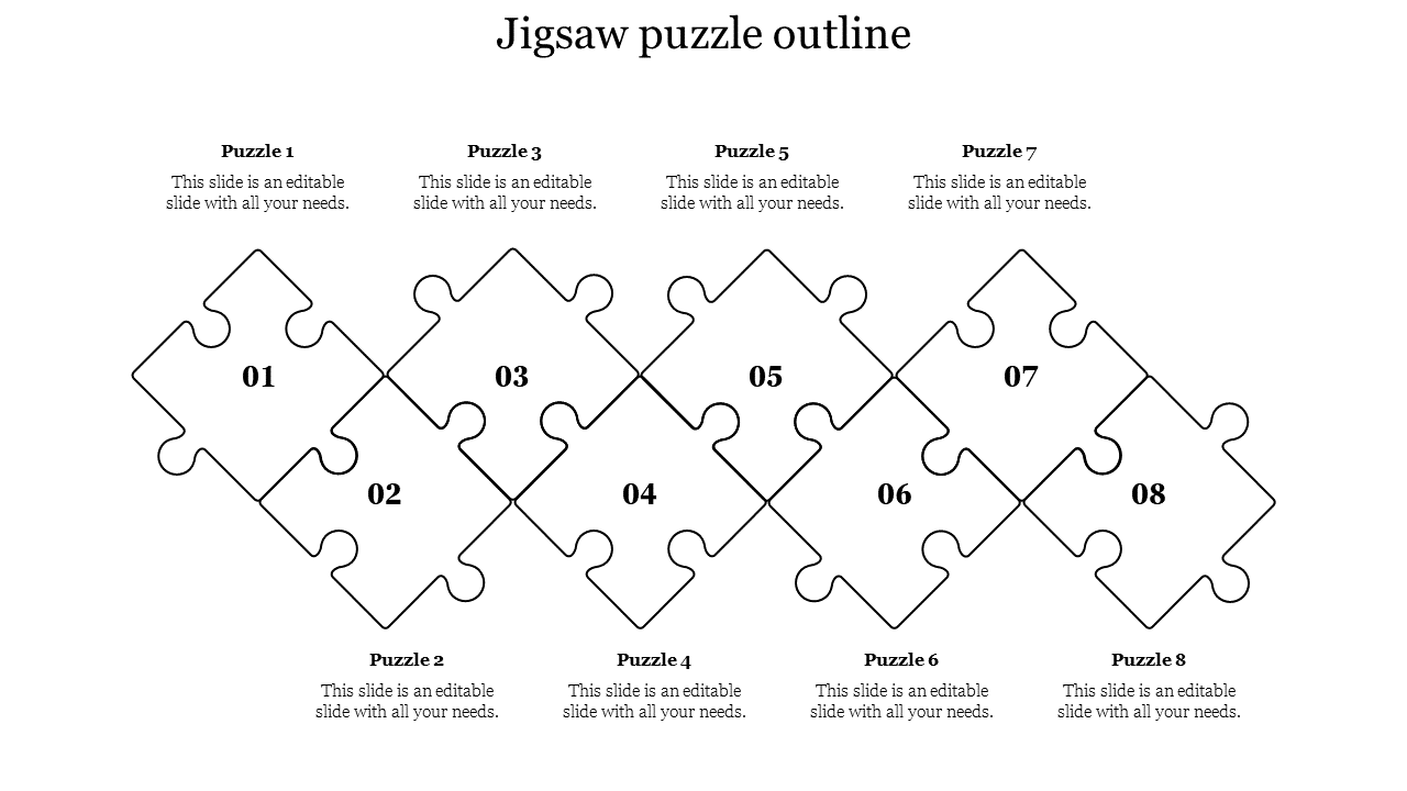 Jigsaw puzzle outline slide with eight interconnected puzzle pieces labeled from 1 to 8, each with space for text.