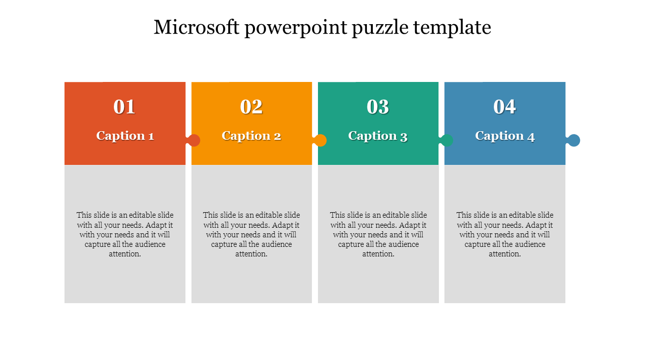 Puzzle style PowerPoint template with four colorful sections and captions.