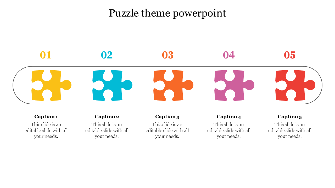 Colorful five piece puzzle infographic slide with numbered sections, each linked to a caption for step by step progression.