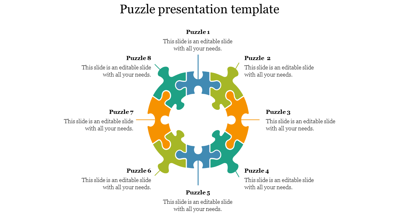 Circular puzzle layout with eight interlocking pieces in blue, green, and orange, each with corresponding text labels.