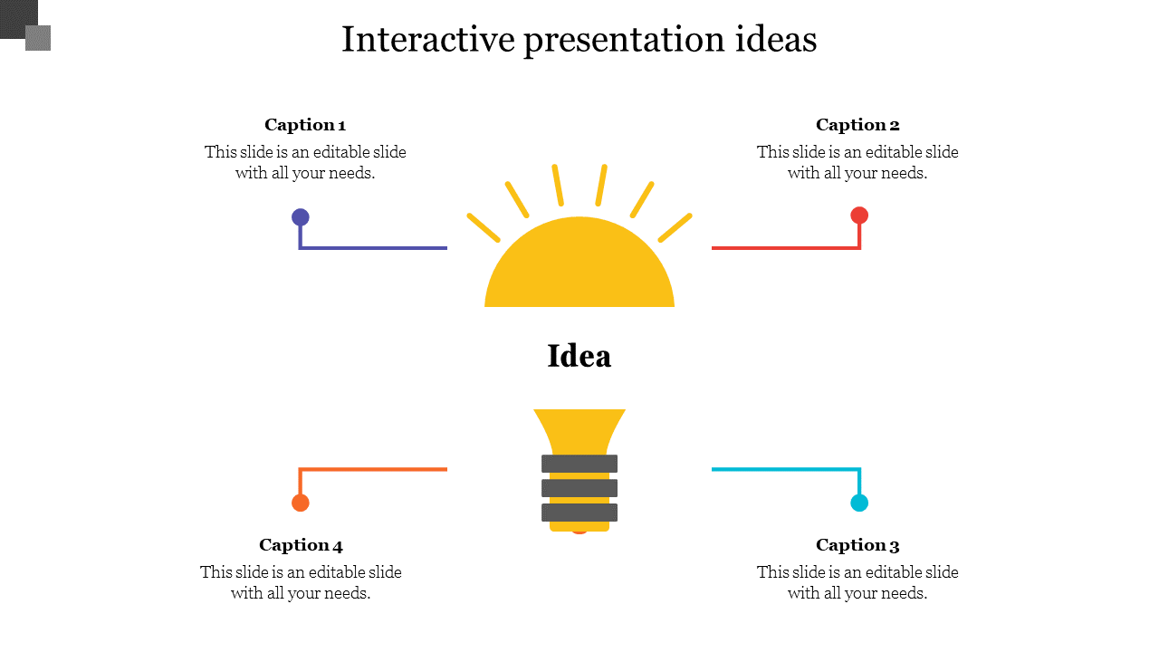 Central graphic labeled interactive idea with four colored caption boxes connected by lines around a lightbulb.