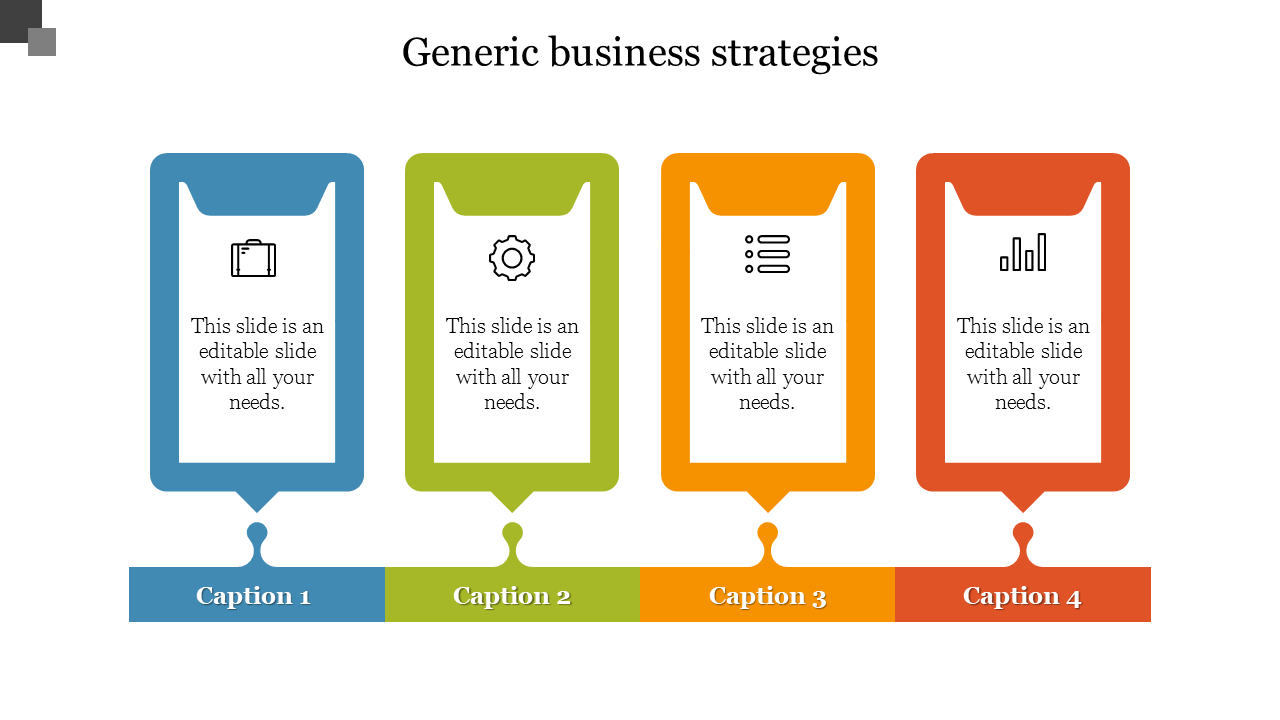 Generic business strategies slide with four vertically aligned, colored rectangles, each containing an icon and caption area.