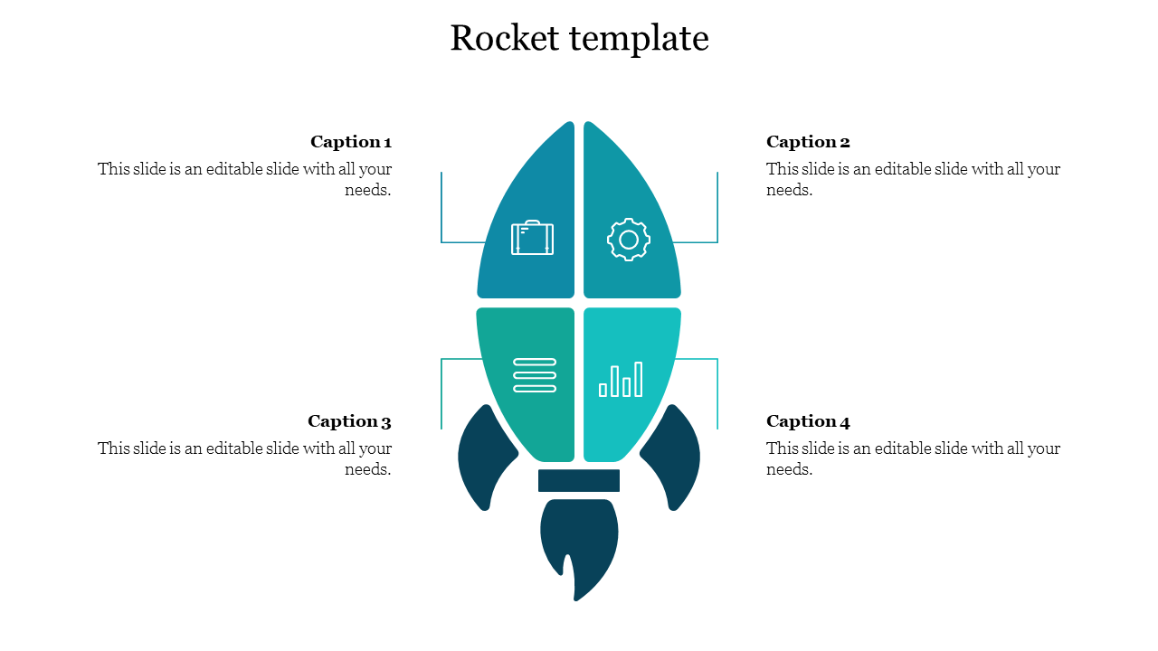 Rocket graphic split into four sections, each containing an icon and surrounded by four caption areas.