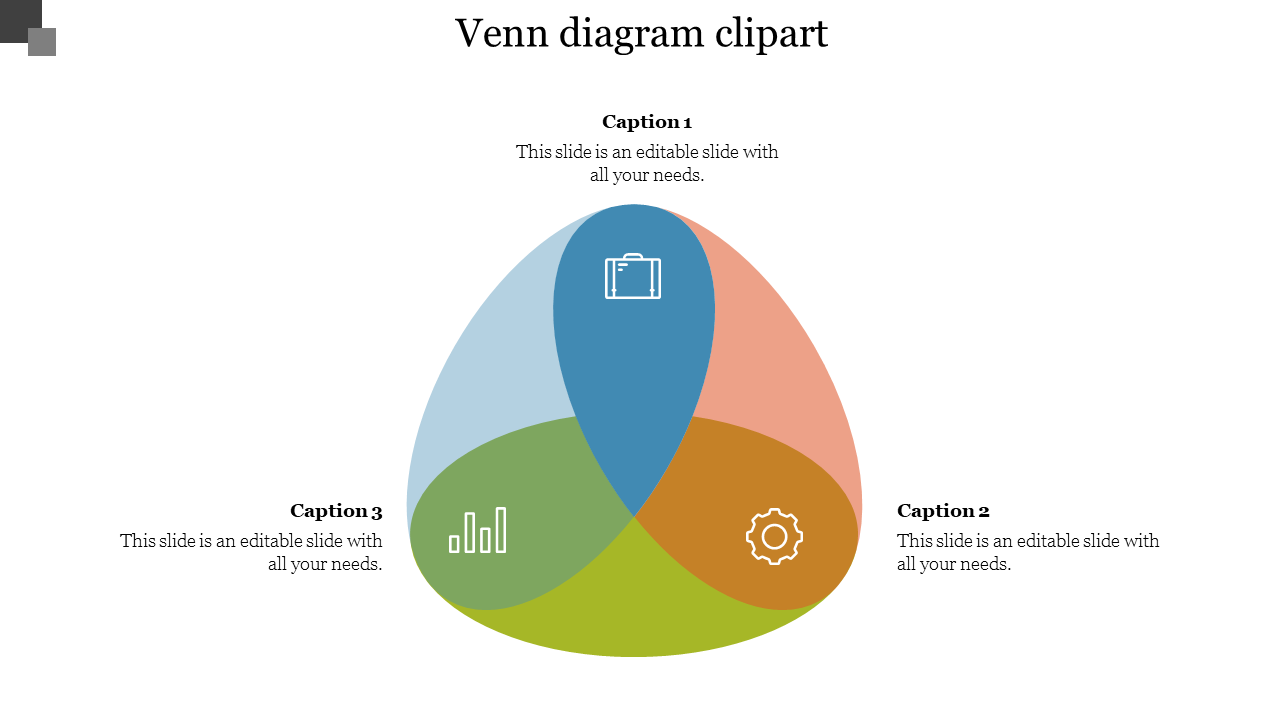 Tri-colored Venn diagram showing icons for business, data analysis, and process management with placeholder text.