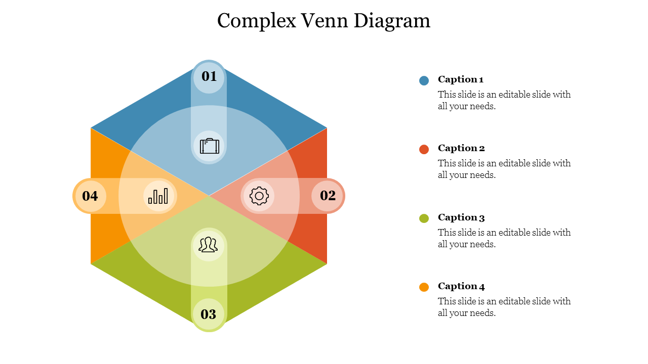 Complex Venn diagram template with four overlapping sections in blue, orange, green, and red, each with an icon and label.