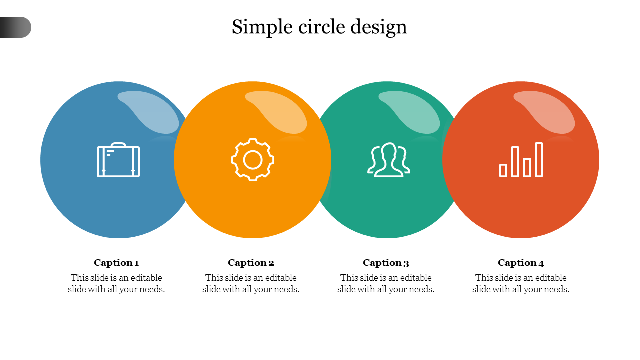 Four vibrant circles in blue, orange, green, and red, arranged horizontally, each with icons and captions below.